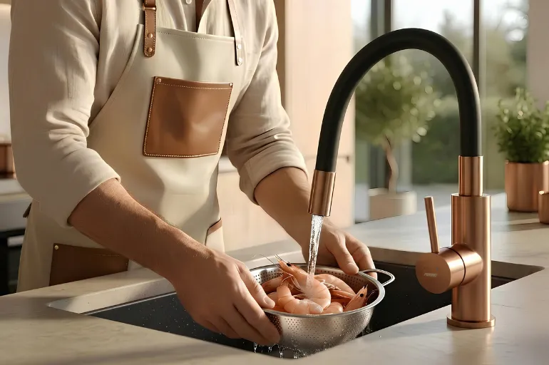 bateria kuchenna z elastyczną wylewką podczas płukania produktów spożywczych