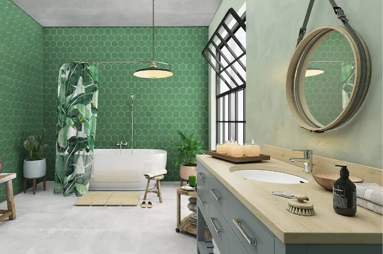 Łazienka w stylu biophilic design z roślinami i drewnem