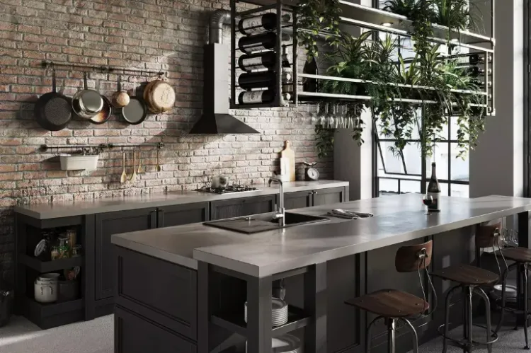 Loftowa kuchnia z wyspą, baterią Camiro INOX i ceglaną ścianą