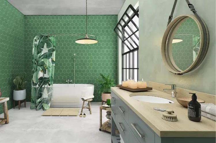 Łazienka w stylu biophilic design z roślinami i drewnem