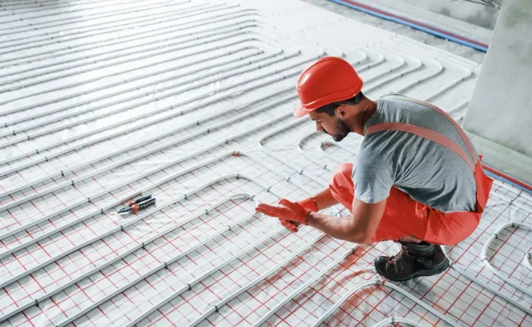 Układanie instalacji ogrzewania podłogowego z rurami grzewczymi na podłodze