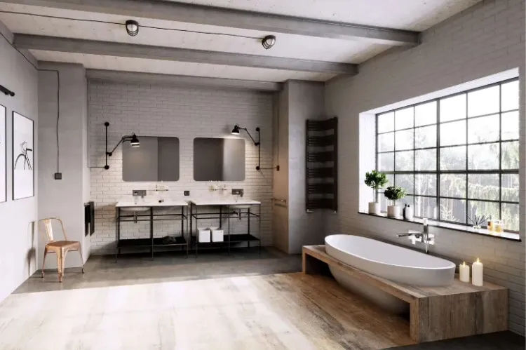 łazienka w stylu industrialnym z armaturą w kolorze chrom
